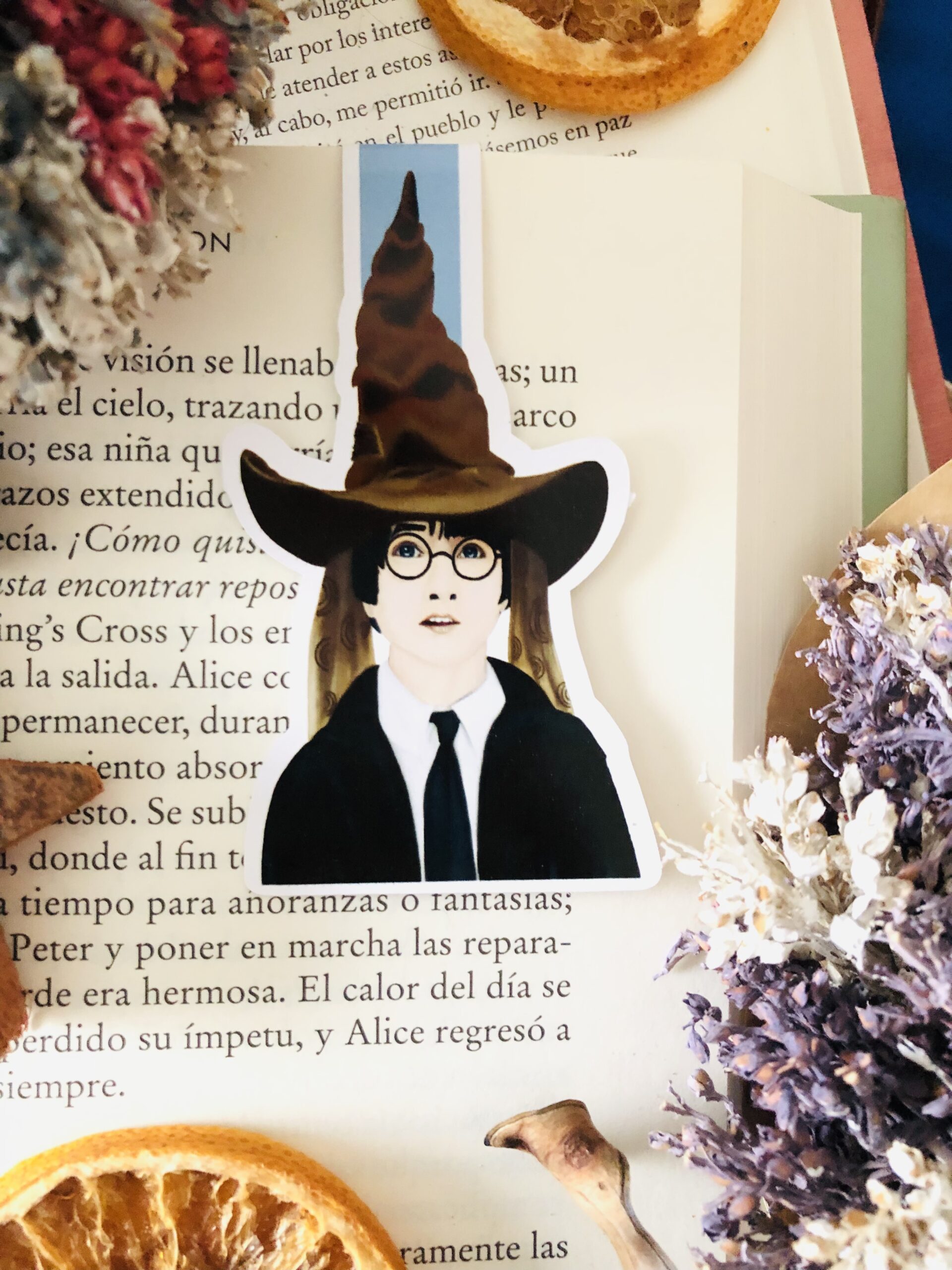 Marcapáginas magnético artesanal hecho a mano del universo Harry Potter. Fondo inspirado en los elementos que aparecen tanto en el libro como en la película.