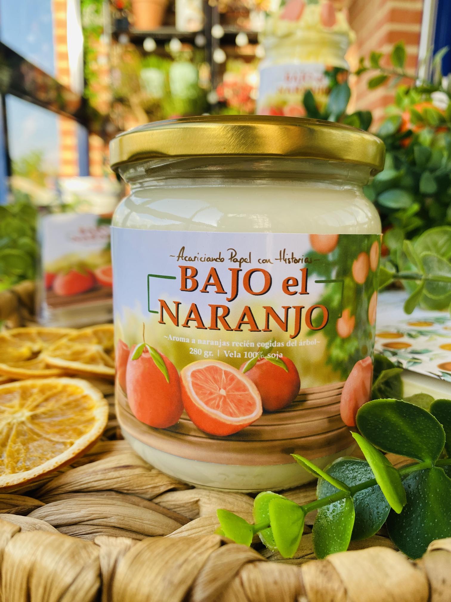 Vela aromática de soja 100% Bajo el Naranjo. Ilustraciones realizadas por AcariciandoPapelConHistorias.