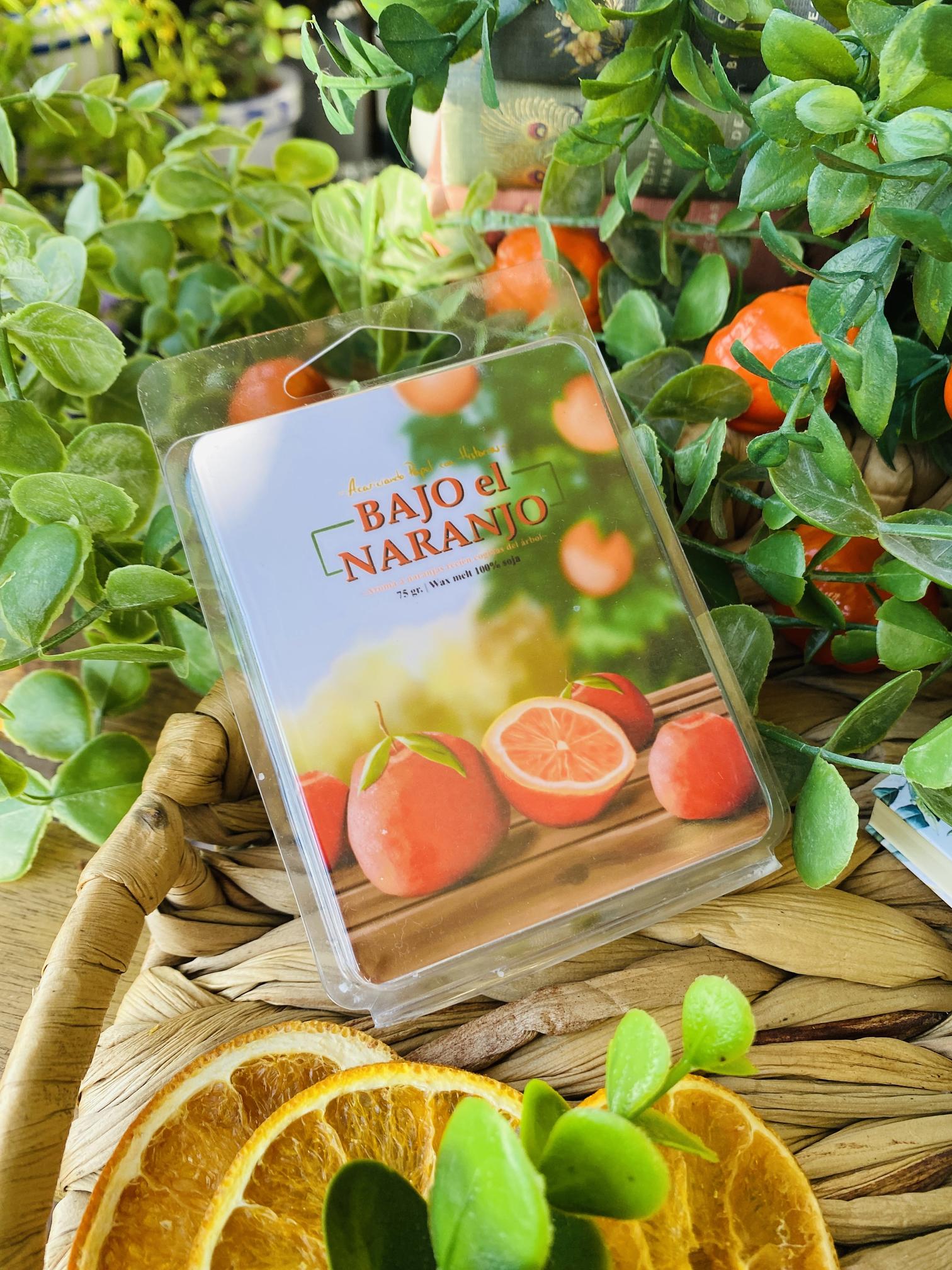 Wax melt aromático de cera de soja 100% Bajo el Naranjo. Ilustraciones realizadas por AcariciandoPapelConHistorias.