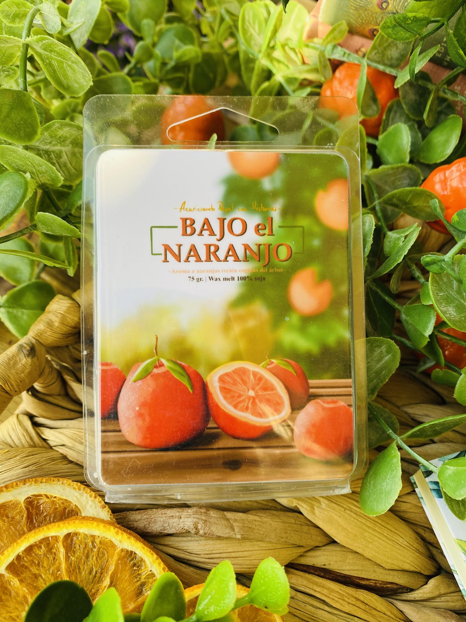 Wax melt aromático de cera de soja 100% Bajo el Naranjo. Ilustraciones realizadas por AcariciandoPapelConHistorias.